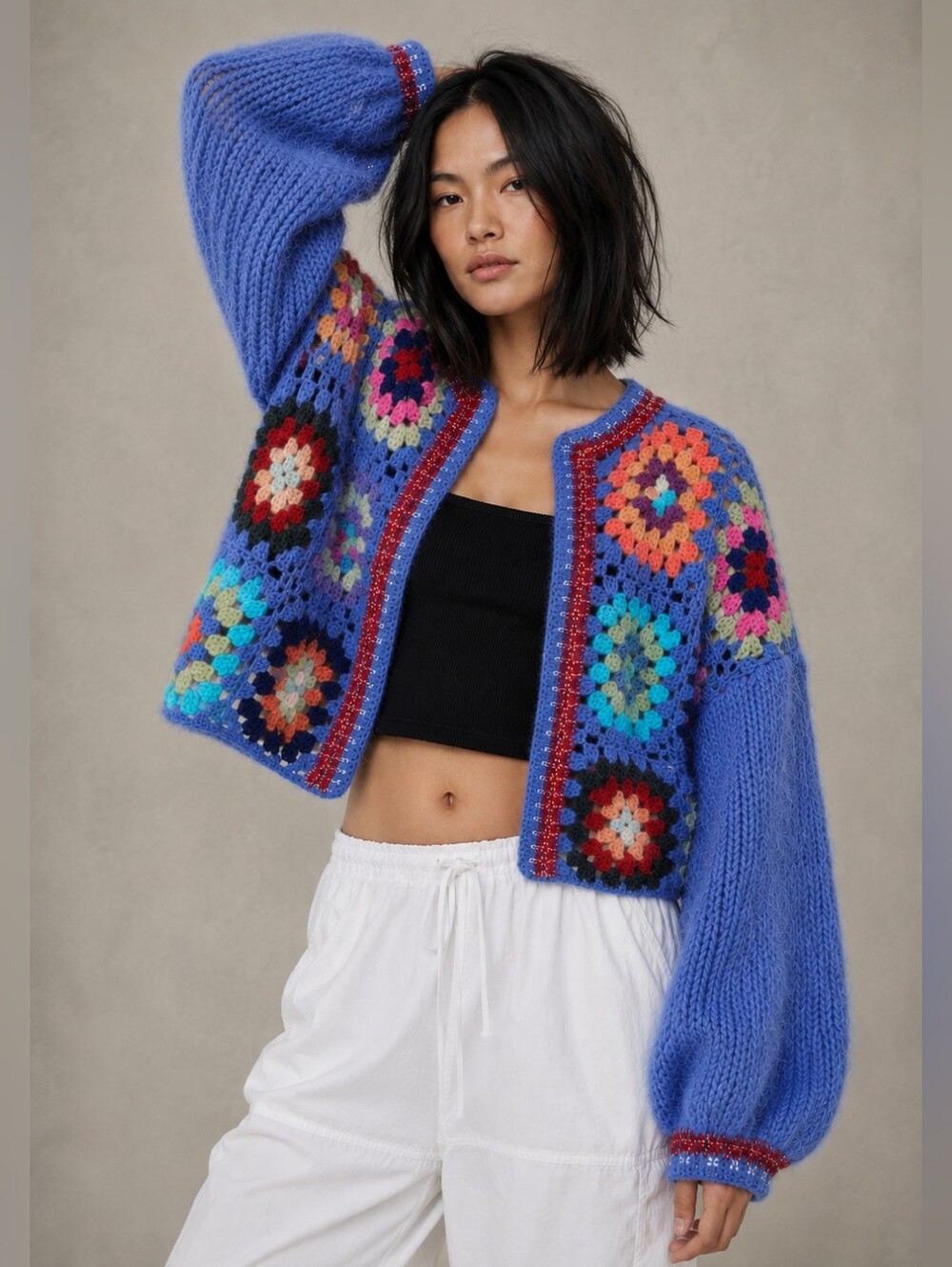 EN CREME CROCHET GRANNY SQUARE CARDIGAN BLUE BOHO FESTIVAL COLORFUL XS / SMALL